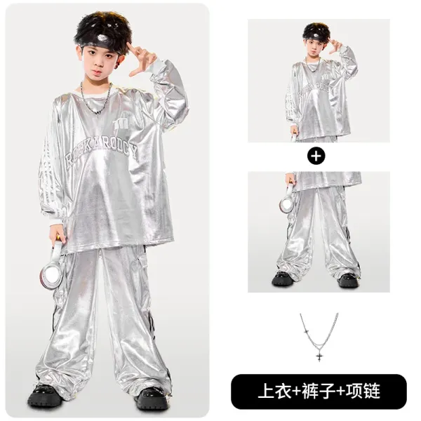 Rockarodcy Metallic Silver Oversized Hoodie Set with Cross Necklace - 1