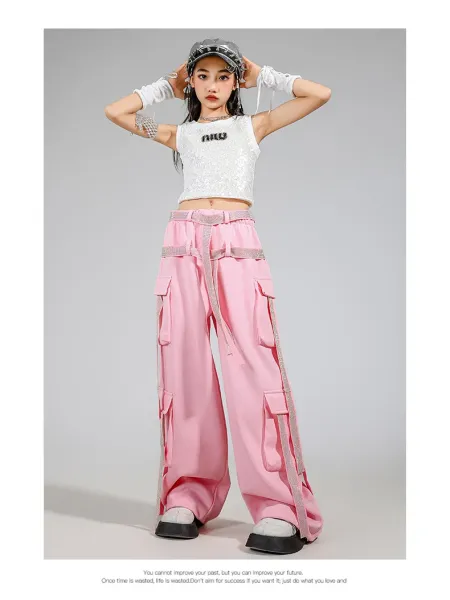 Miu Miu Sequined Crop Top + Cargo Pants Set in Pink and Silver - 9