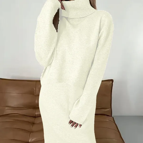 Cream Turtleneck Knit Dress - 1
