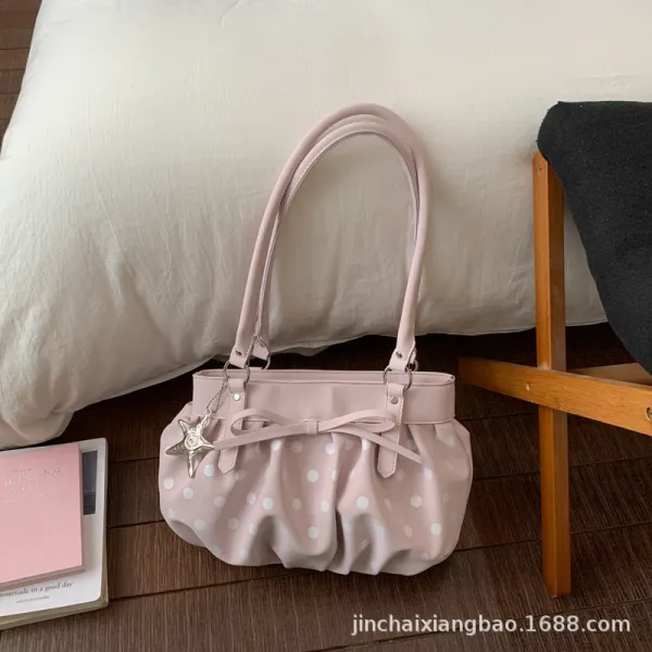 Polka Dot Bow Handbag in Pastel Pink Handbag - 1