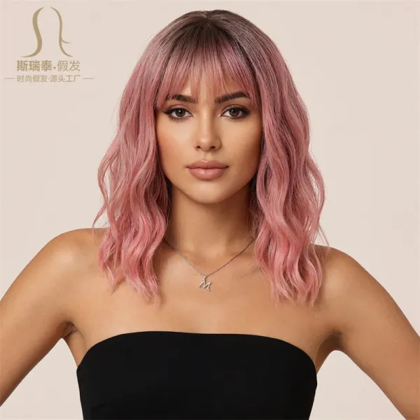 Fantasywig ZY-104032 Pink Ombre Wavy Bob Wig with Bangs - 8