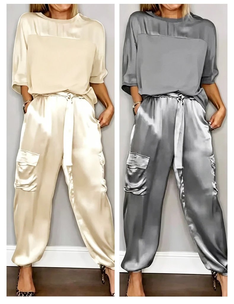 Silk Satin Cargo Joggers Gray Pants - 15
