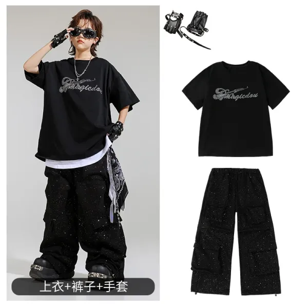 Design Streetwear Set: Glitter Graphic T-Shirt + Cargo Pants + Fingerless Gloves Black - 1