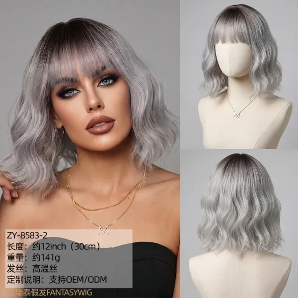Fantasywig ZY-104032 Pink Ombre Wavy Bob Wig with Bangs - 7