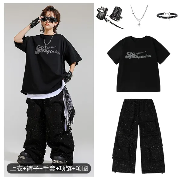 Magicedou Graphic Print Oversized T-Shirt and Cargo Pants Set Black Streetwear - 1