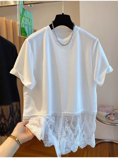 Lace-Trimmed Oversized T-Shirt White - 3