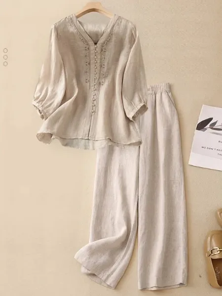 Embroidered Linen V-Neck Blouse Beige Shirt - 3