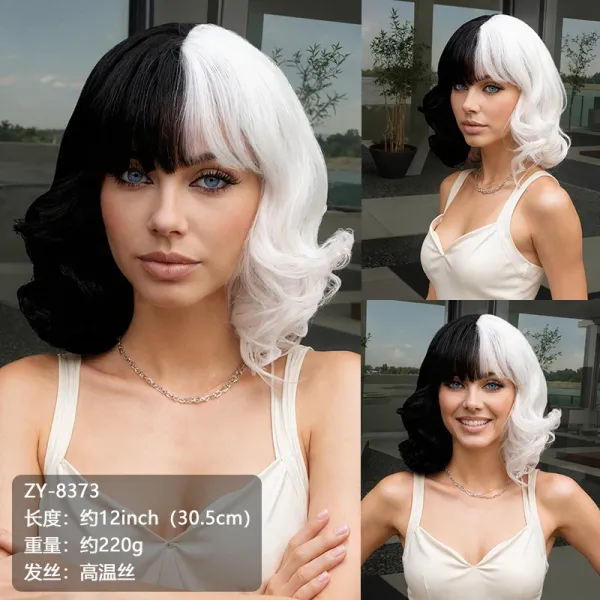 ZY-8373 Half Black Half White Wavy Bob Wig - 1