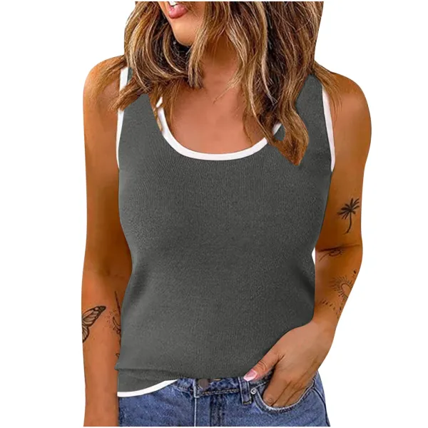 Ribbed Contrast-Trim Tank Top in Charcoal Gray - 1