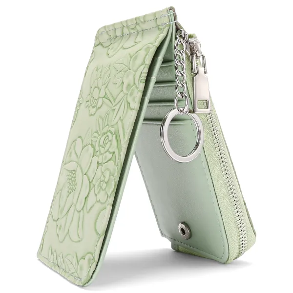 Mint Green Floral Embossed Zipper Wallet with Keychain - 1