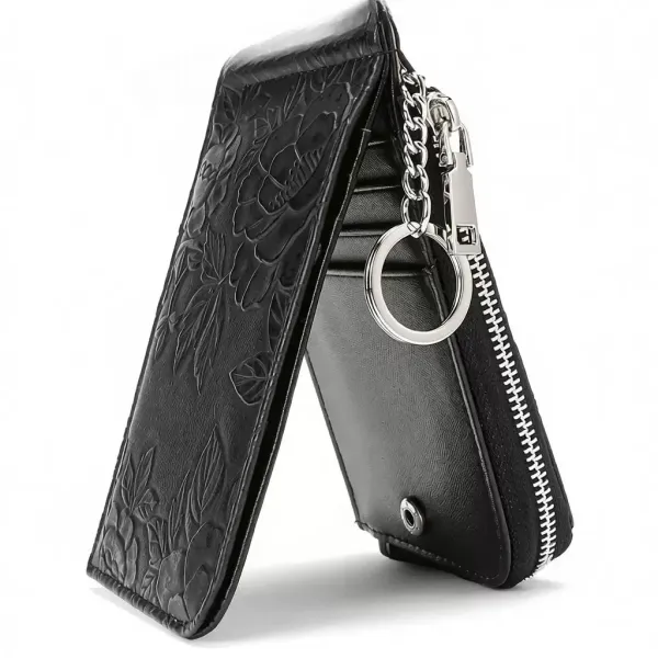 Black Floral Embossed Zipper Wallet with Keychain - 1