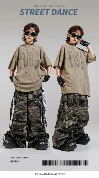 FUBG Distressed Graphic Tee + Camo Cargo Pants Set with Spiked Choker and Bandana Keychain - 2