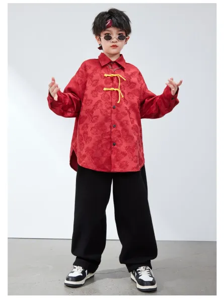 Chinese-Inspired Velvet Shirt + Satin Pants + Chain Necklace Set Red/Black - 14