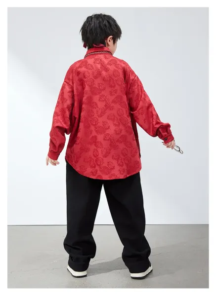 Chinese-Inspired Velvet Shirt + Satin Pants + Chain Necklace Set Red/Black - 18
