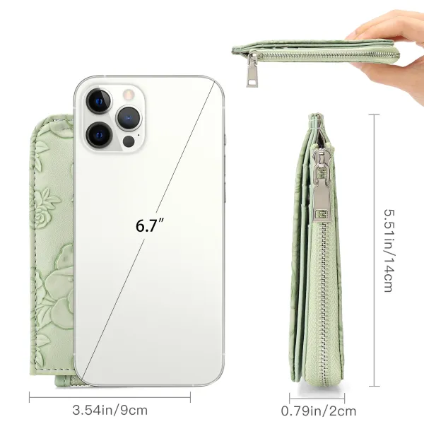 Mint Green Floral Embossed Zipper Wallet with Keychain - 10