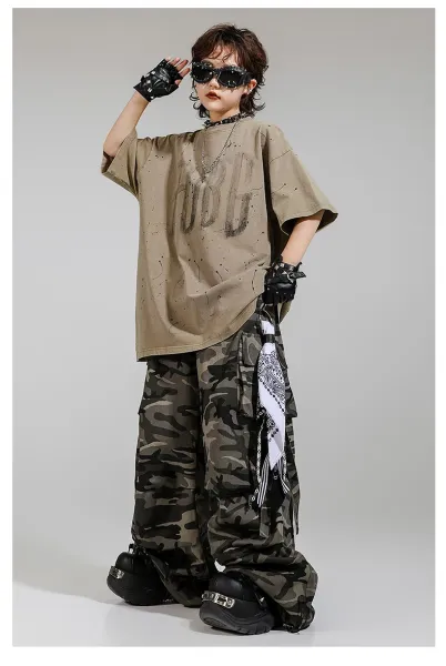 FUBG Distressed Graphic Tee + Camo Cargo Pants Set with Spiked Choker and Bandana Keychain - 9