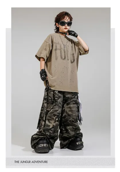 FUBG Distressed Graphic Tee + Camo Cargo Pants Set with Spiked Choker and Bandana Keychain - 13