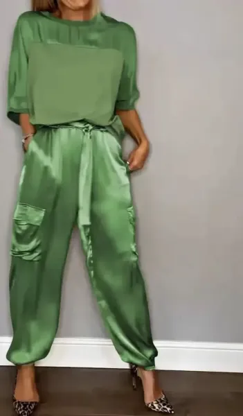 Satin Cargo Jogger Set in Sage Green - 1