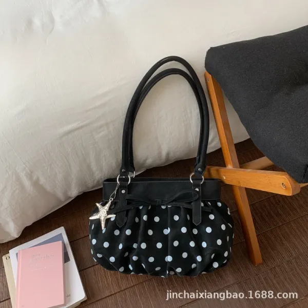 Polka Dot Pleated Bow Handbag Black with White Dots - 1