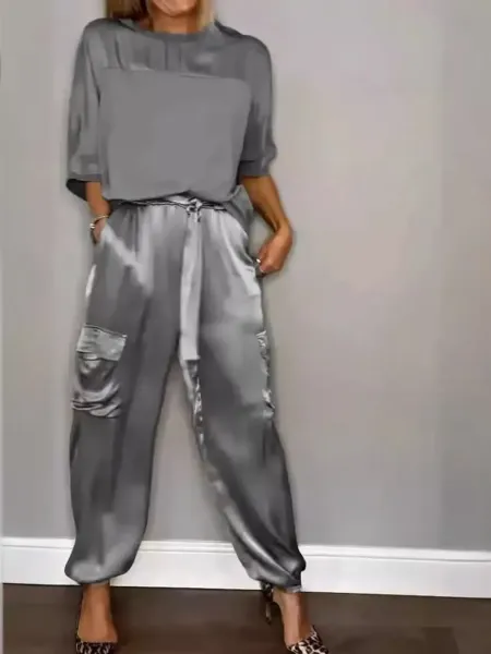 Silk Satin Cargo Joggers Gray Pants - 1