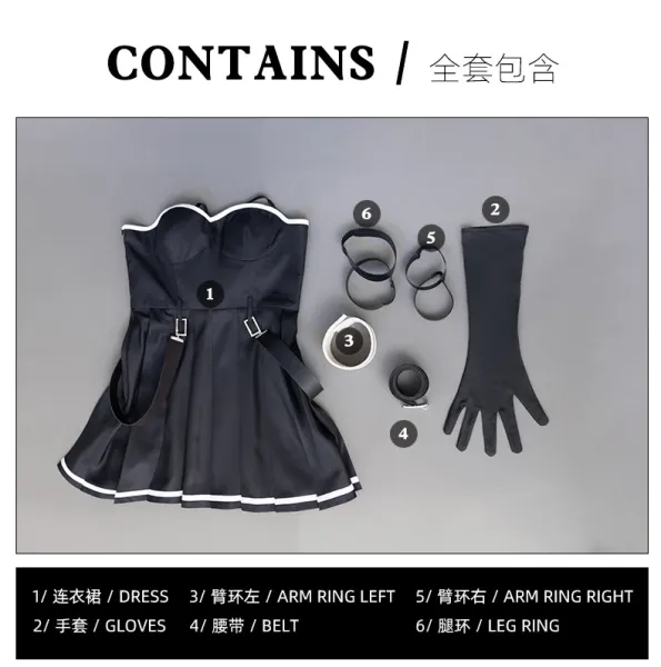 Cosplay Dress Set Black with White Trim Dress, Gloves, Belt, Arm Rings, Leg Ring - 19