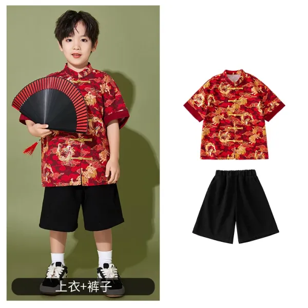 Traditional Chinese Dragon Print Shirt and Shorts Set Red Black Kids Clothing - 1