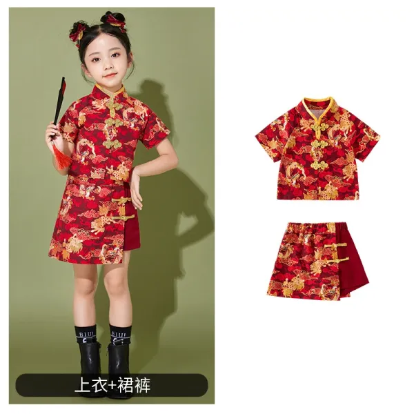 Traditional Chinese Dragon Print Cheongsam Set Red Multicolor Clothing - 1