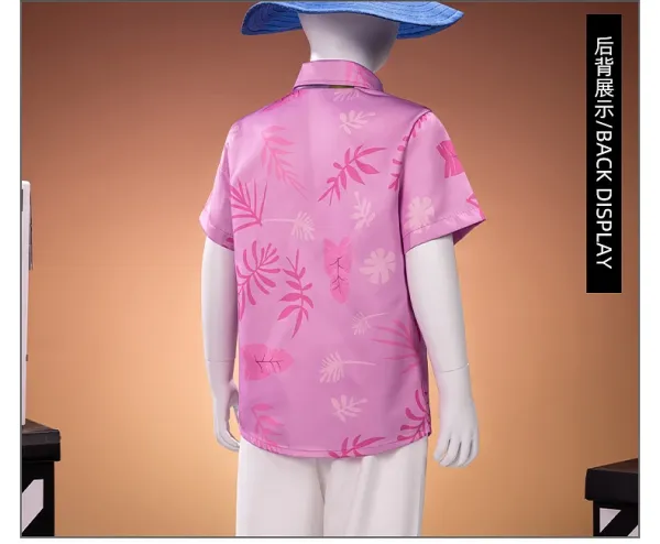 Hawaiian-Style Summer Set: Pink Floral Shirt, White Trousers, Floral Tie, Blue Bucket Hat - 13