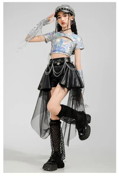 Custom Streetwear Set: Holographic Crop Top + Asymmetrical Tulle Shorts + Chain Waist Belt + Mesh Leg Warmers + Metallic Cap - 8