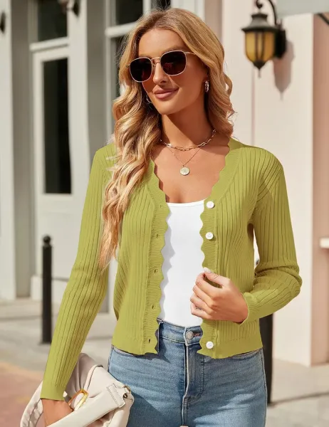 Ribbed Scalloped Hem Cardigan Beige Knit Cardigan - 11