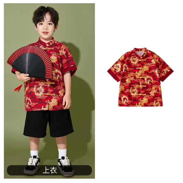 Traditional Chinese Dragon Print Cheongsam Top Red Multicolor Shirt - 1