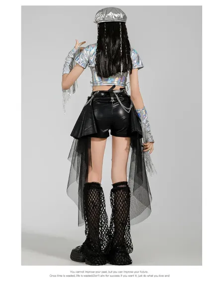 Custom Streetwear Set: Holographic Crop Top + Asymmetrical Tulle Shorts + Chain Waist Belt + Mesh Leg Warmers + Metallic Cap - 14