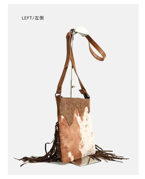 TZECHO Cowhide Fringe Crossbody Bag Brown and White - 13