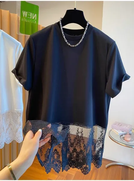 Lace-Trimmed Oversized T-Shirt White - 14