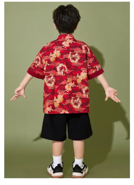 Traditional Chinese Dragon Print Hanfu-Style Set Red + Black Shorts + Folding Fan - 18