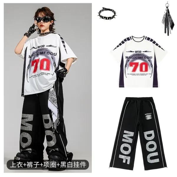 MFDD MagicMFCOU 70 Graphic Oversized T-Shirt + MOF Wide-Leg Sweatpants Set in Black and White - 1