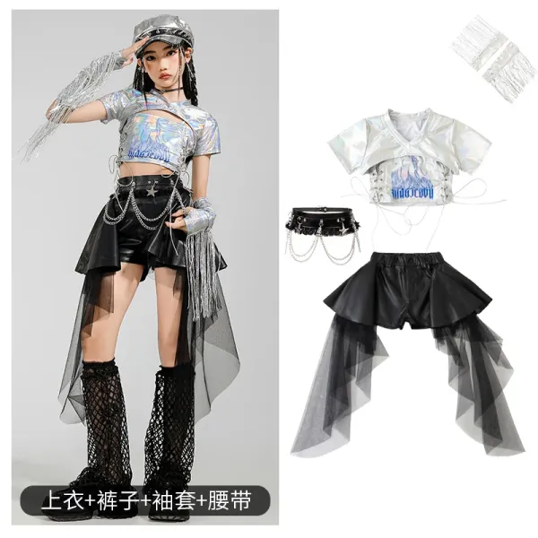 Holographic Cut-Out Crop Top + Asymmetrical Tulle Skort + Fringe Arm Sleeve + Chain Waist Belt Set - 1