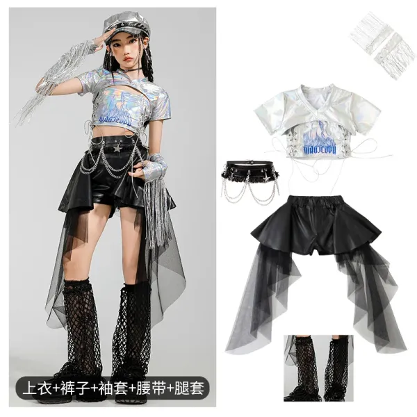 Multicolor Holographic Crop Top + Black Pleated Shorts with Tulle Skirt Overlay + Chain腰带 + Fishnet Leg Warmers Set - 1