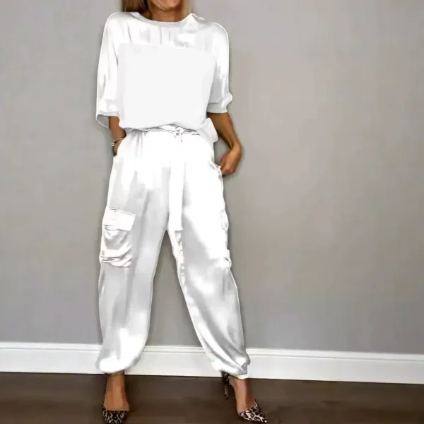 White Satin Cargo Joggers with Matching Top Set - 1