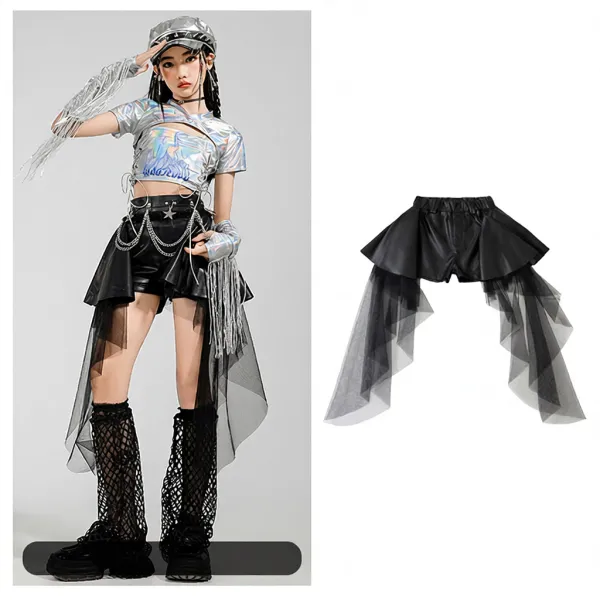 Holographic Cut-Out Crop Top with Chain Detail + Asymmetrical Tulle-Trimmed Leather Shorts Set - 1