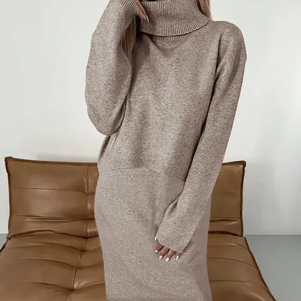 Knit Turtleneck Midi Dress Beige - 1