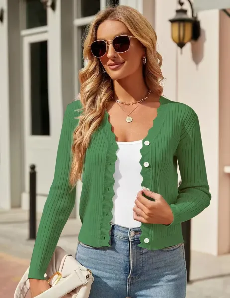 Ribbed Scalloped Hem Cardigan Beige Knit Cardigan - 13