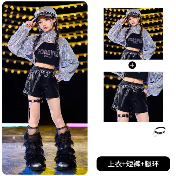 Forever Stated Sequined Cropped Jacket + Faux Leather Shorts + Chain Leg Rings Set - 1