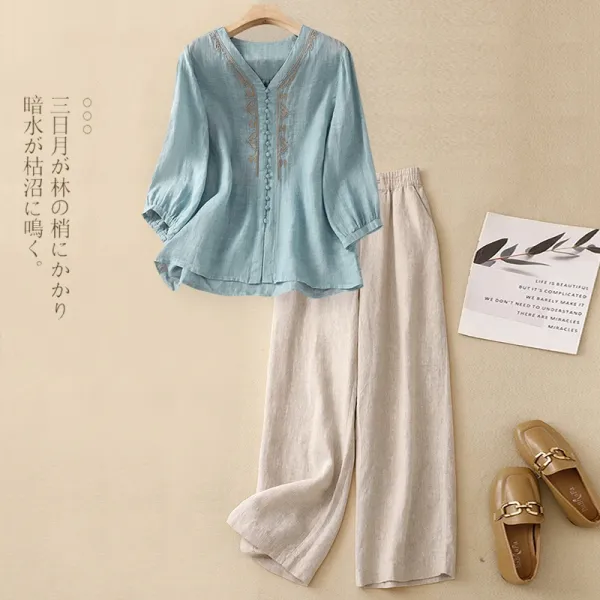 Linen Embroidered V-Neck Blouse in Sky Blue with Wide-Leg Pants Set - 1