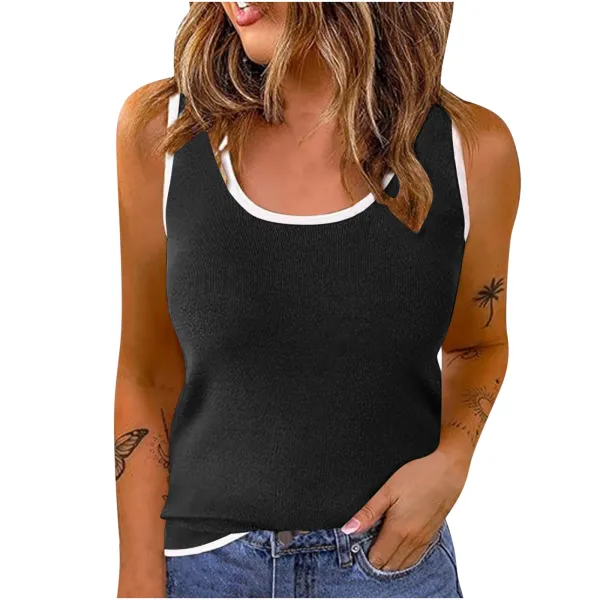 Black Ribbed Contrast-Trim Tank Top - 1