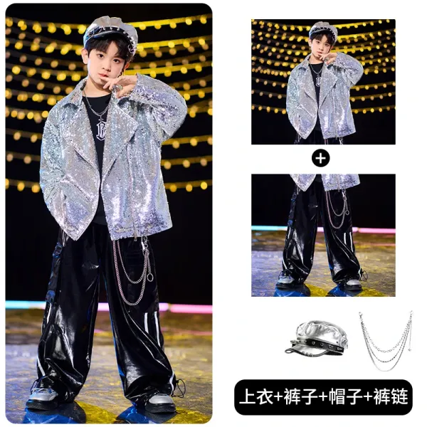 Design Sequined Oversized Jacket + Glossy PVC Pants + Chain-Embellished Cap + Layered Chain Belt Set - 1