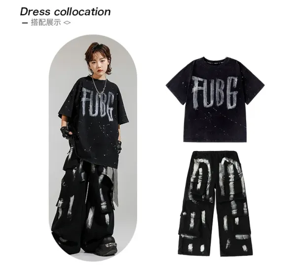 FUBG Graffiti Print Oversized T-Shirt and Cargo Pants Set Black - 4