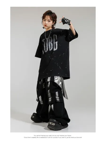 FUBG Graffiti Print Oversized T-Shirt and Cargo Pants Set Black - 10