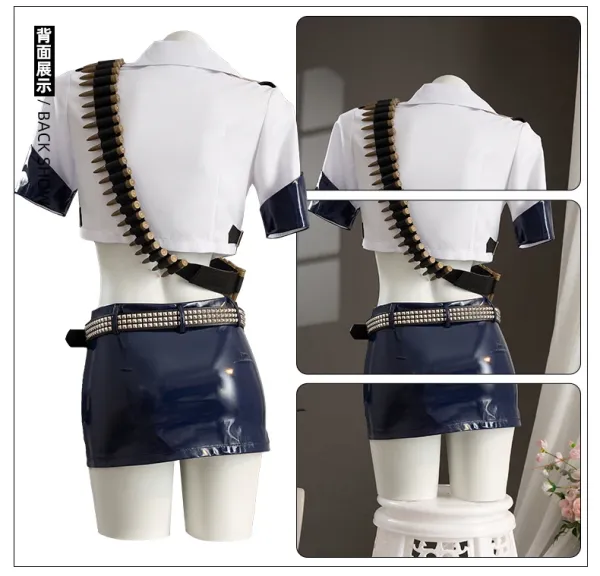 Cosplay Uniform Set White Black Denim Blue Hat Gloves Socks Belt Leg Bag - 9