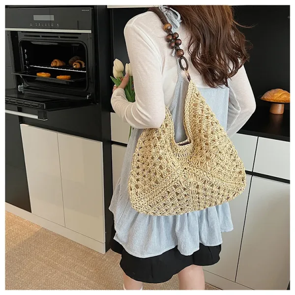 Handwoven Crochet Hobo Bag Beige-Brown Natural Fiber Shoulder Bag - 20